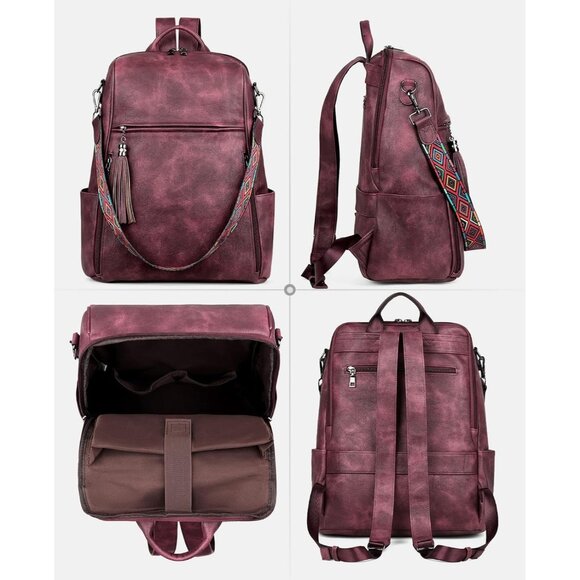 Women's Wine Red Retro Style Backpack Designer 15.6 inch PU Leather Laptop Bag - Picture 6 of 9